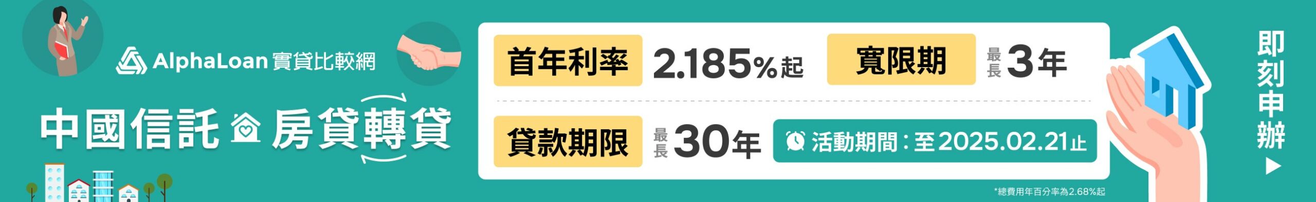 中國信託房貸轉貸,首年利率2.185%起,寬限期最長3年,貸款期限最長30年,活動期限至2025/2/21止
